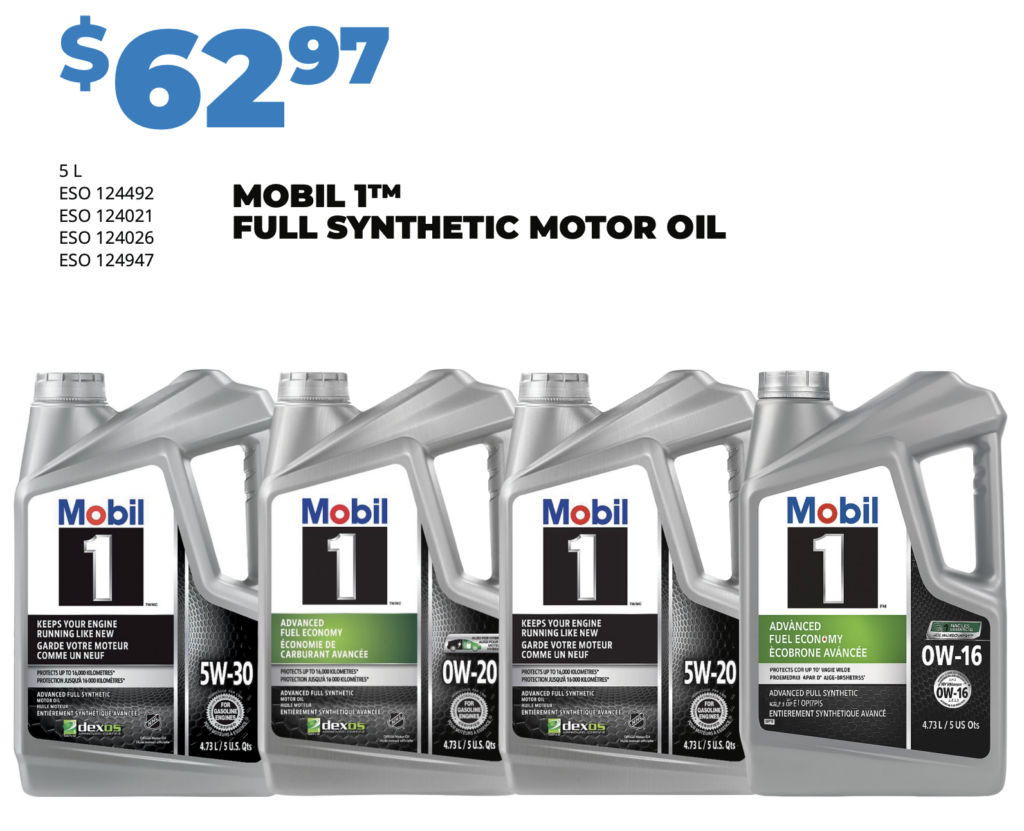 Mobil 1 Full Synthetic Motor Oil is on sale at Queen's Auto in Kingsville for only $62.97