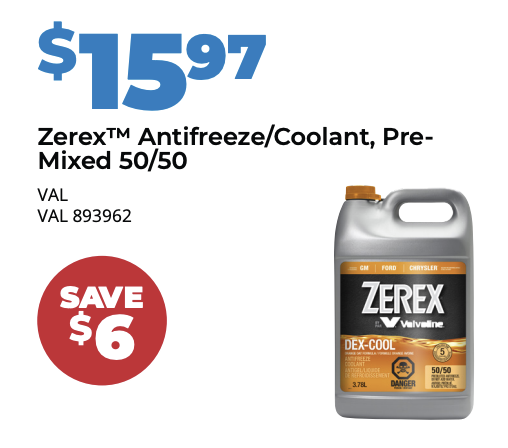 Zerex 50/50 Antifreeze/Coolant is on sale for $15.97 in Kingsville Ontario at QUeen's Auto
