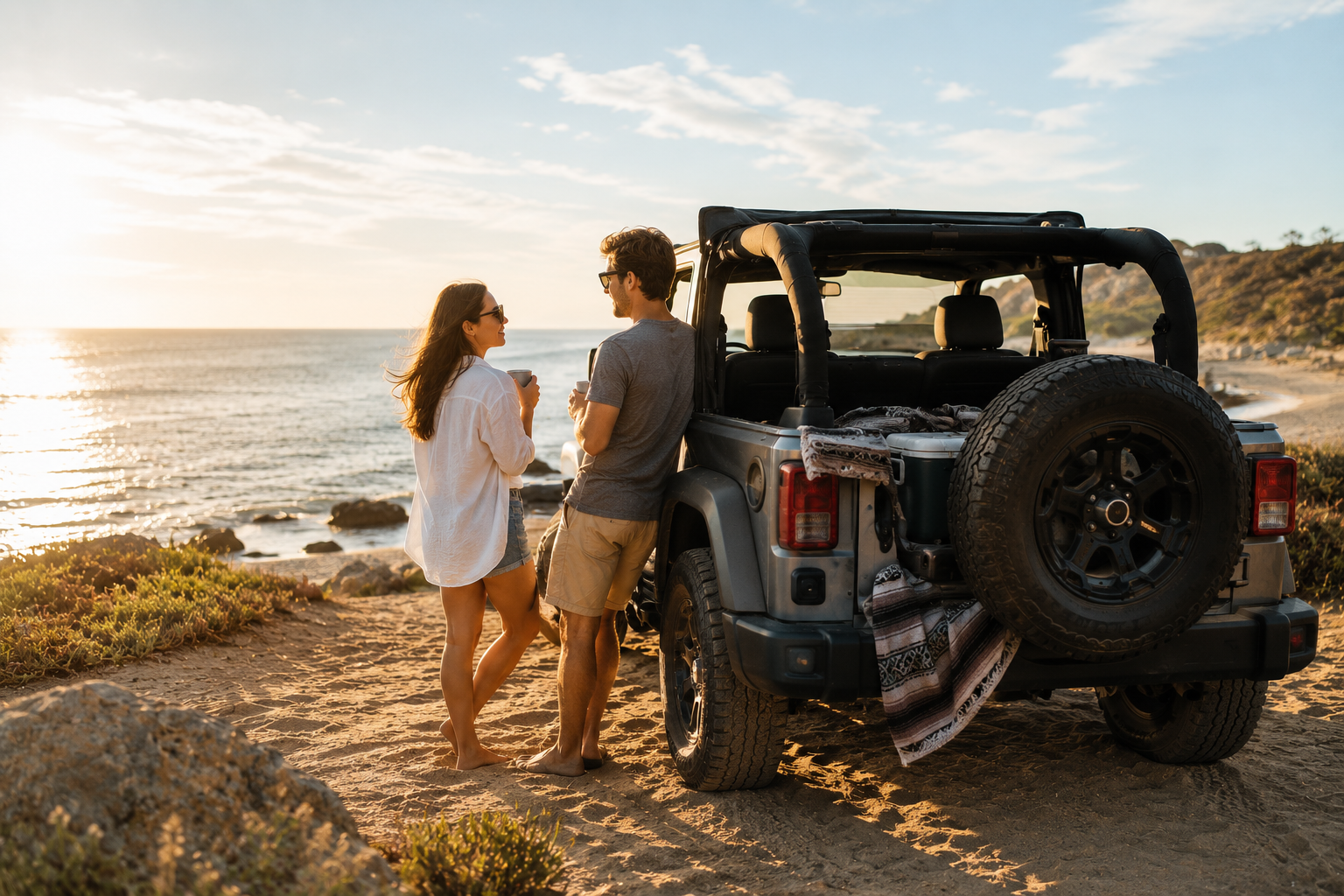 Couple taking a late summer trip to the beach with their Jeep near Kingsville.